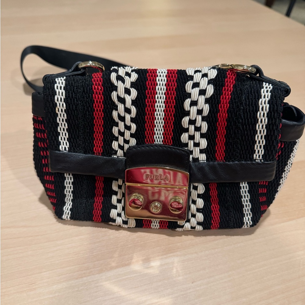 Furla Black, Red and White Striped Woven Crossbody Bag